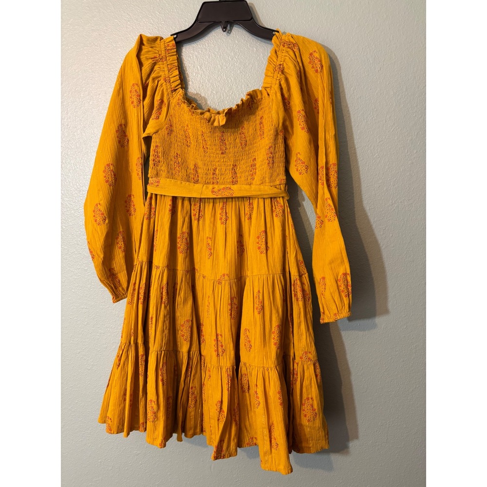 Mustard Yellow Paisley Smocked Tiered Mini Dress Long Sleeve Boho RN 58909